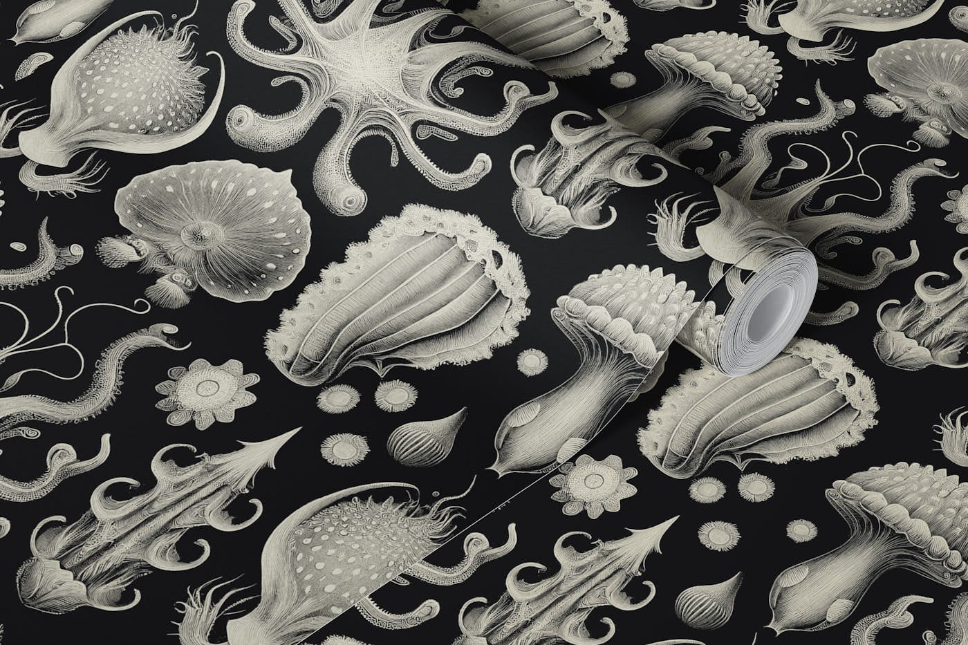 Strange Mollusks Toile de Jouy - Black & Sand wallpaper roll