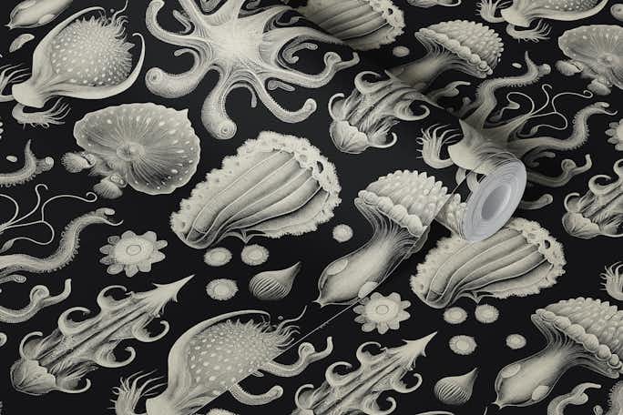 Strange Mollusks Toile de Jouy - Black & Sandwallpaper roll