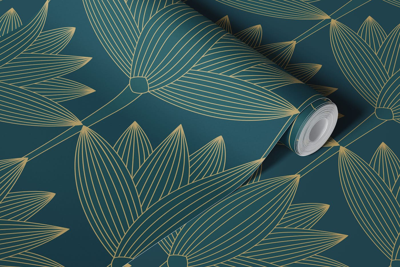 Lotus Art Deco, Deep Teal wallpaper roll