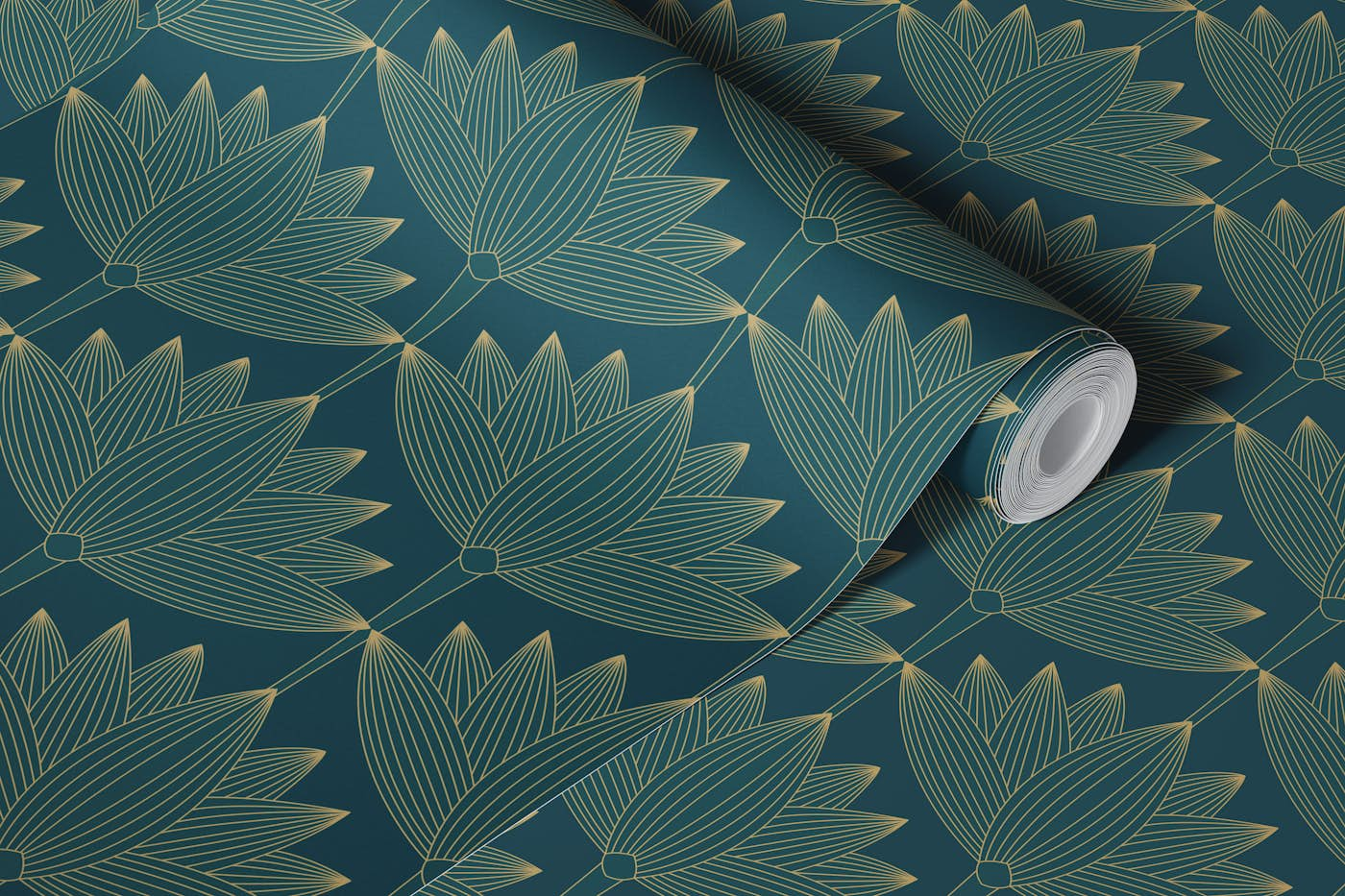 Lotus Art Deco, Deep Teal, Smaller wallpaper roll