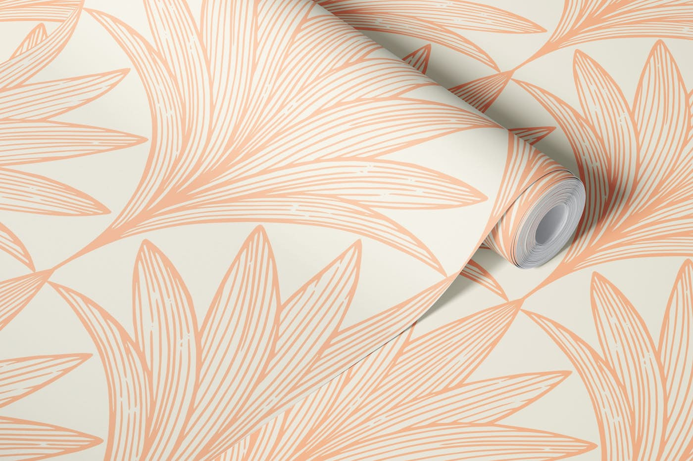 Art Deco Palm Leaf, Peach Fuzz on Ivory White wallpaper roll