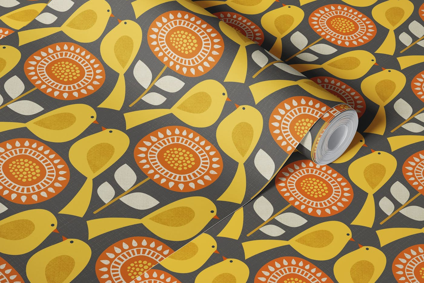 Geometric flowers and birds - brown, yellow wallpaper roll