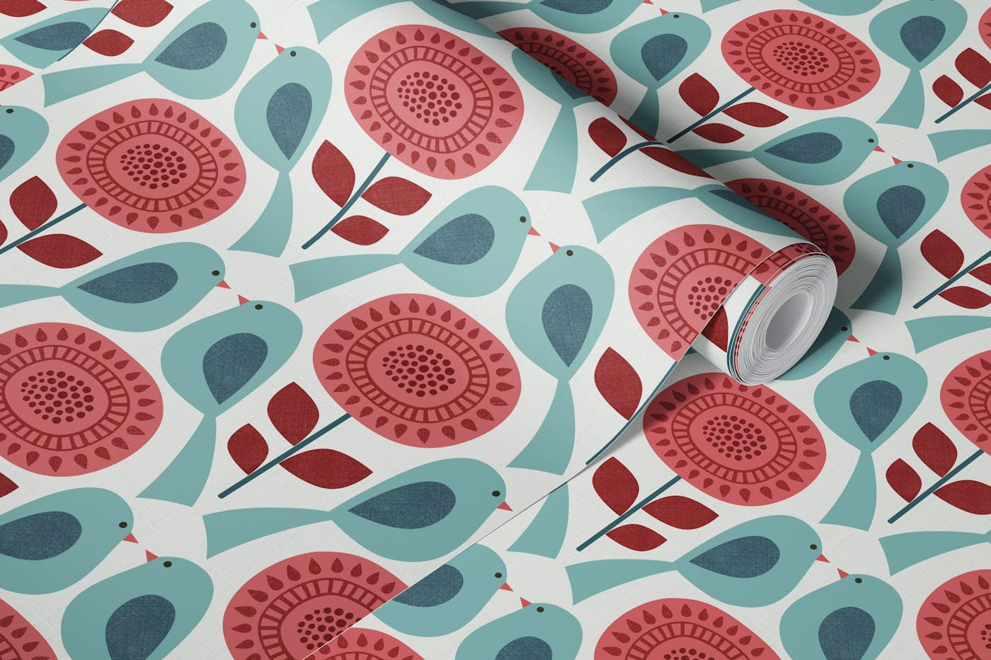 Geometric flowers and birds - blue, pink, red wallpaper roll