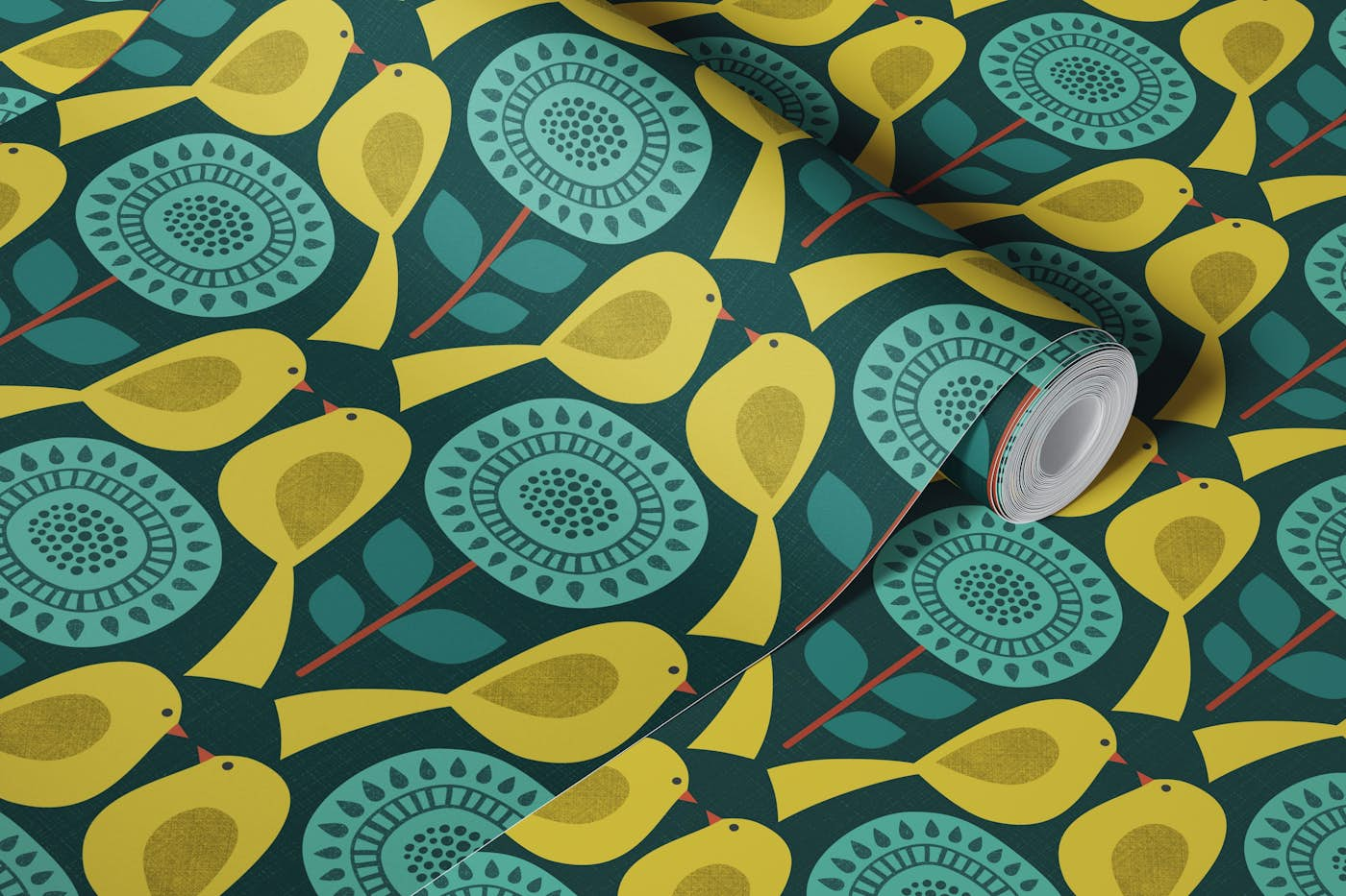 Geometric flowers and birds - teal dark wallpaper roll