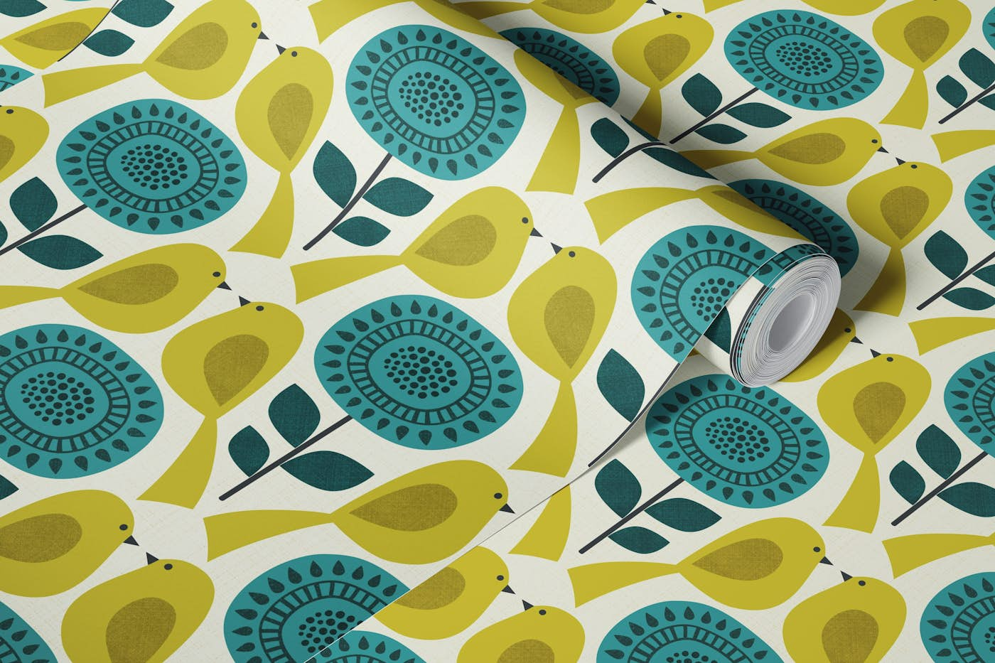 Geometric flowers and birds - teal light wallpaper roll