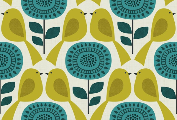 Geometric flowers and birds - teal light