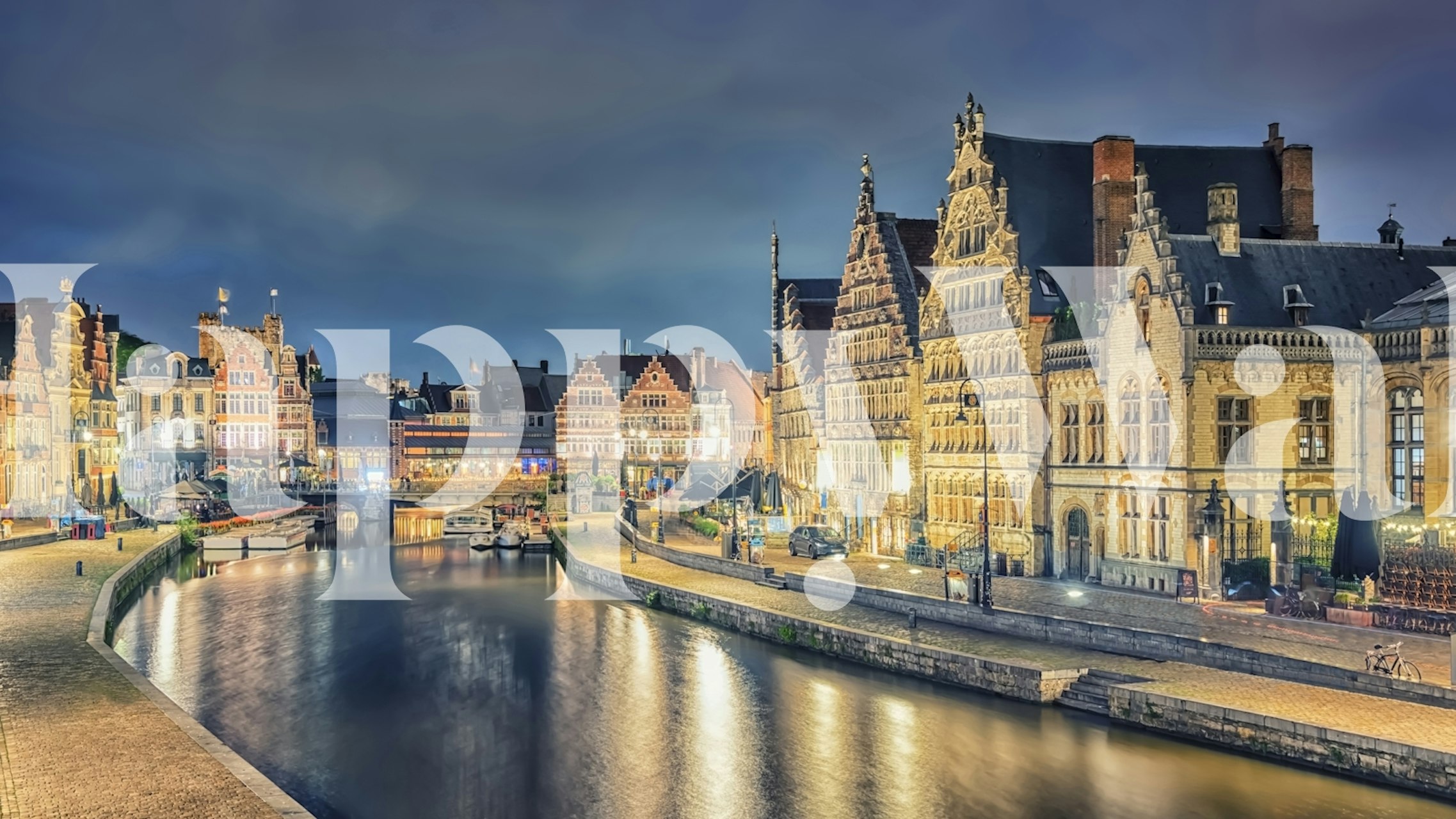 Ghent city night view wallpaper with illuminated buildings and river