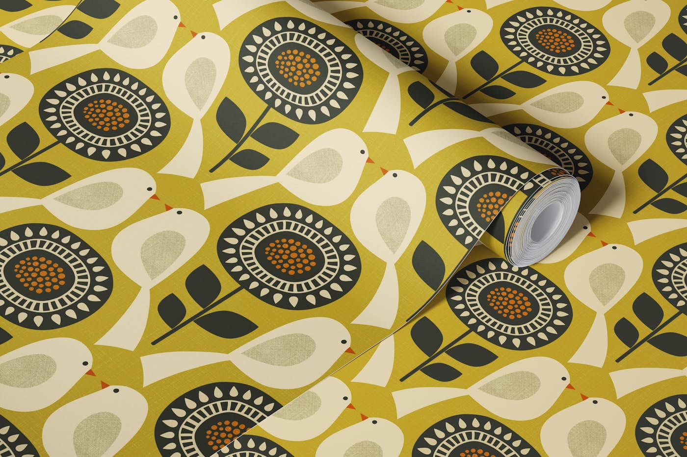 Geometric flowers and birds - greenish yellow wallpaper roll