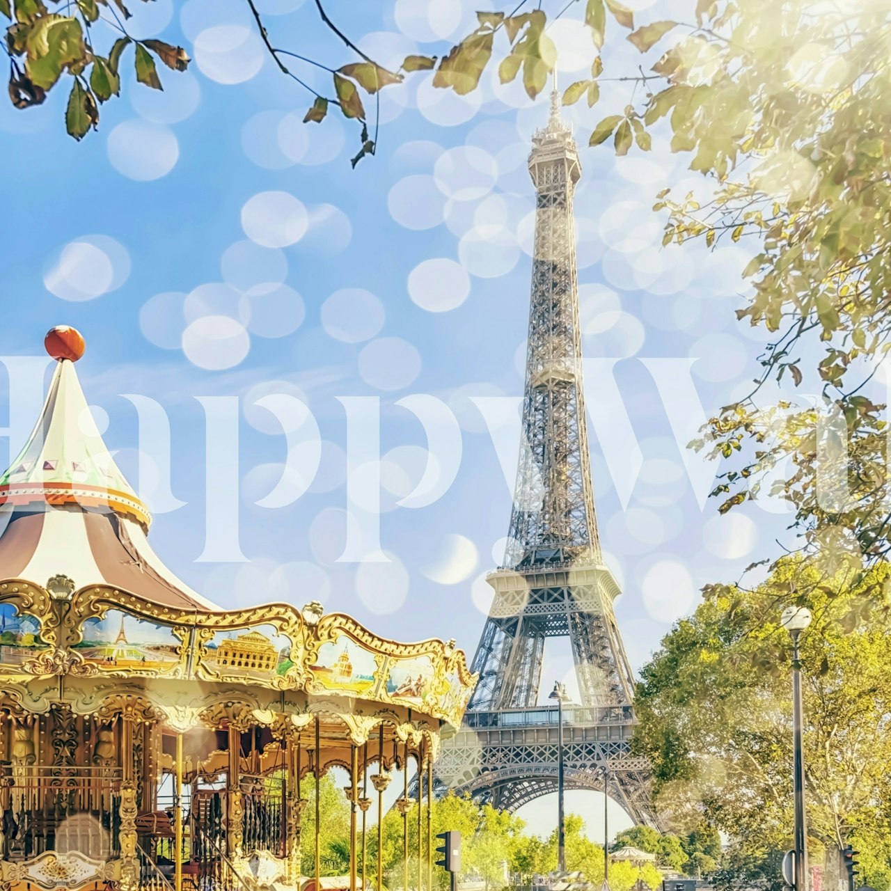 Eiffel Tower and vintage carousel with light bokeh wallpaper