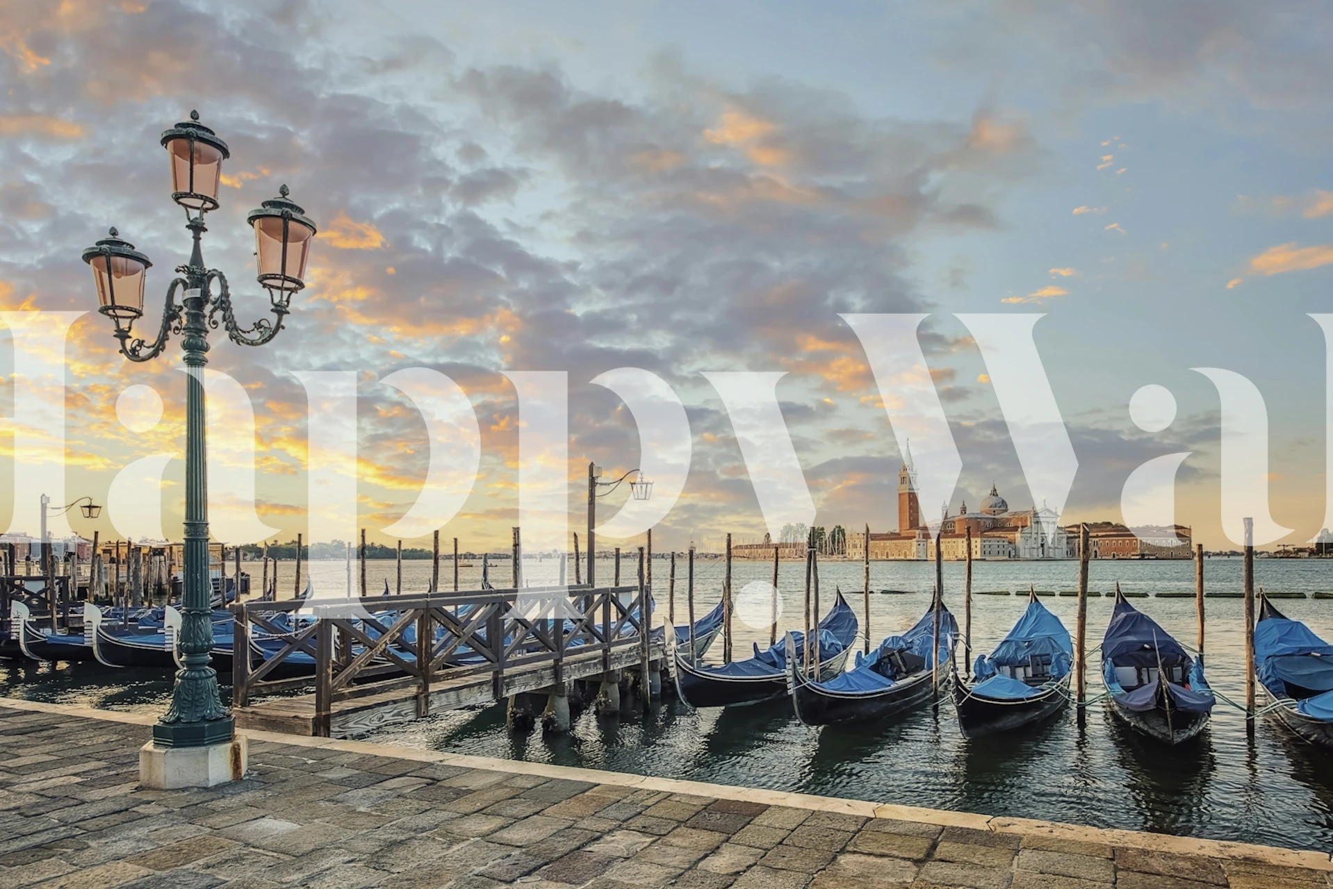Venice gondolas with blue boats and sunset sky wallpaper
