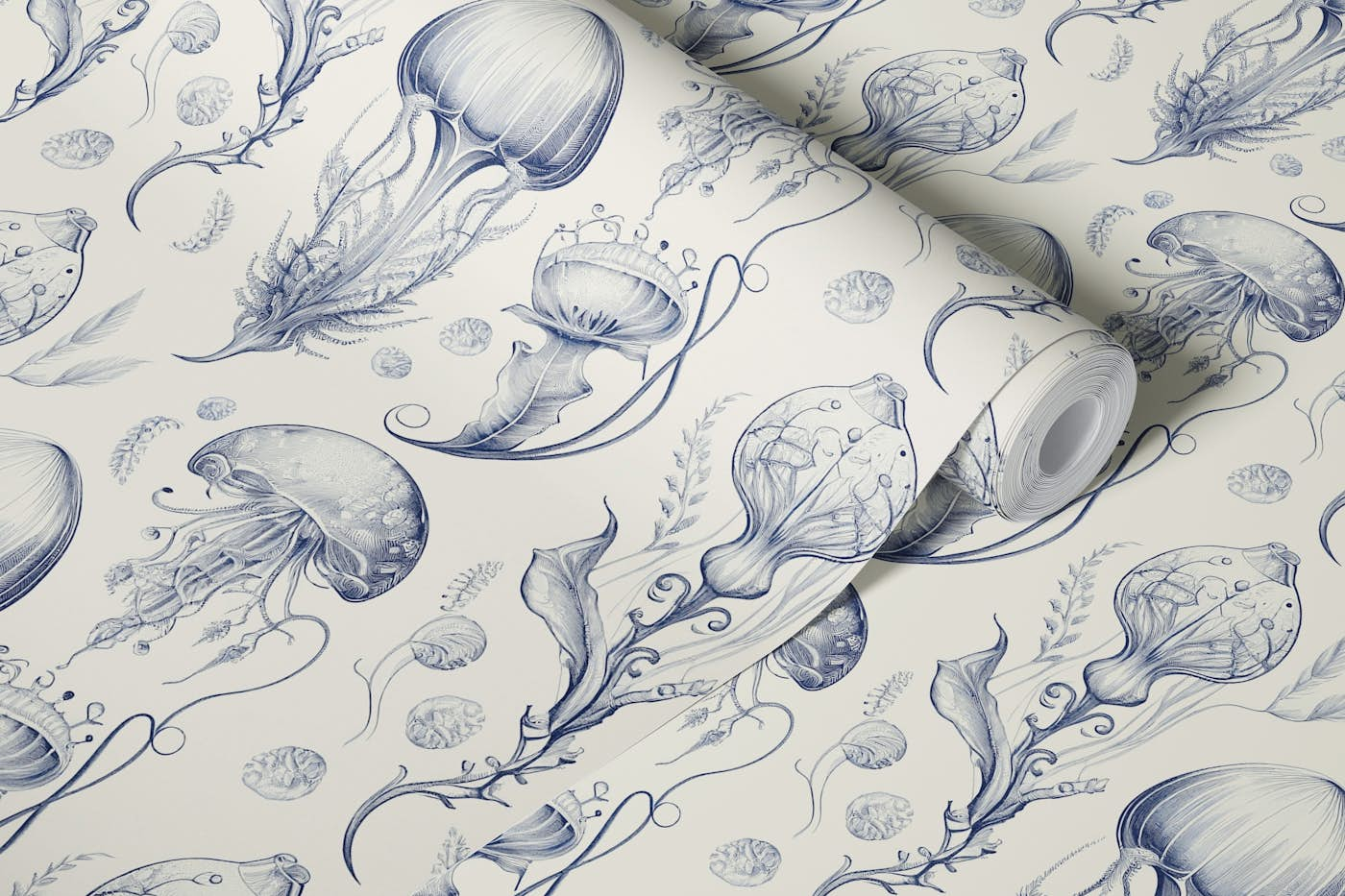 Fantastic Jellyfish - Delft Blue & Cream wallpaper roll