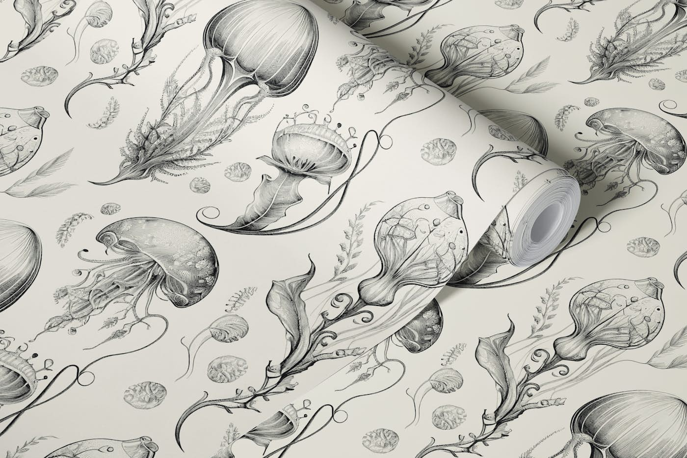 Fantastic Jellyfish - Black & Cream wallpaper roll