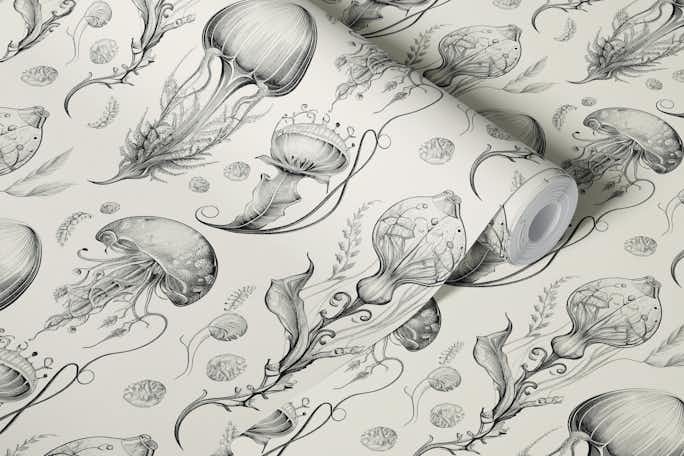 Fantastic Jellyfish - Black & Creamwallpaper roll