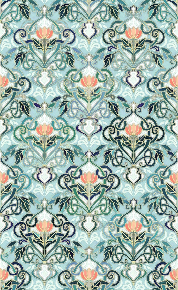 Sage and Blue Art Nouveau Pattern with Peach