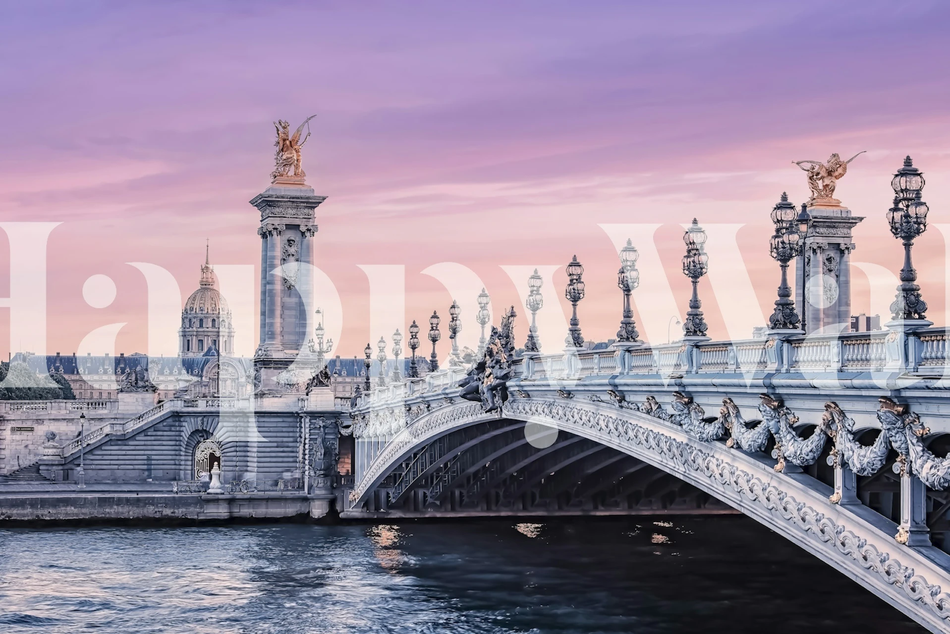 Paris bridge with ornate pillars and a soft pink sky wallpaper