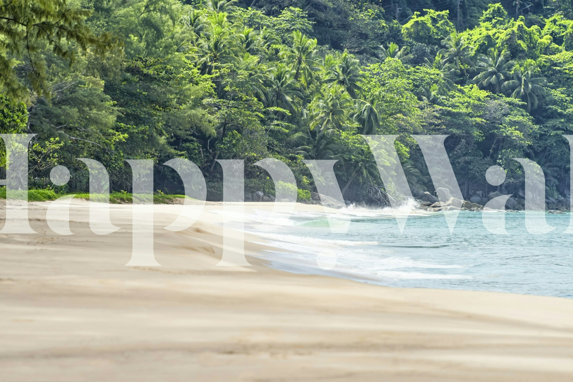 Tropical beach scene wallpaper with sandy shore and lush green trees