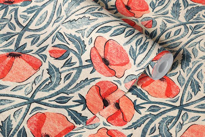 Peachy Coral Scattered Poppieswallpaper roll