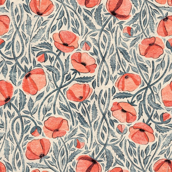 Peachy Coral Scattered Poppies