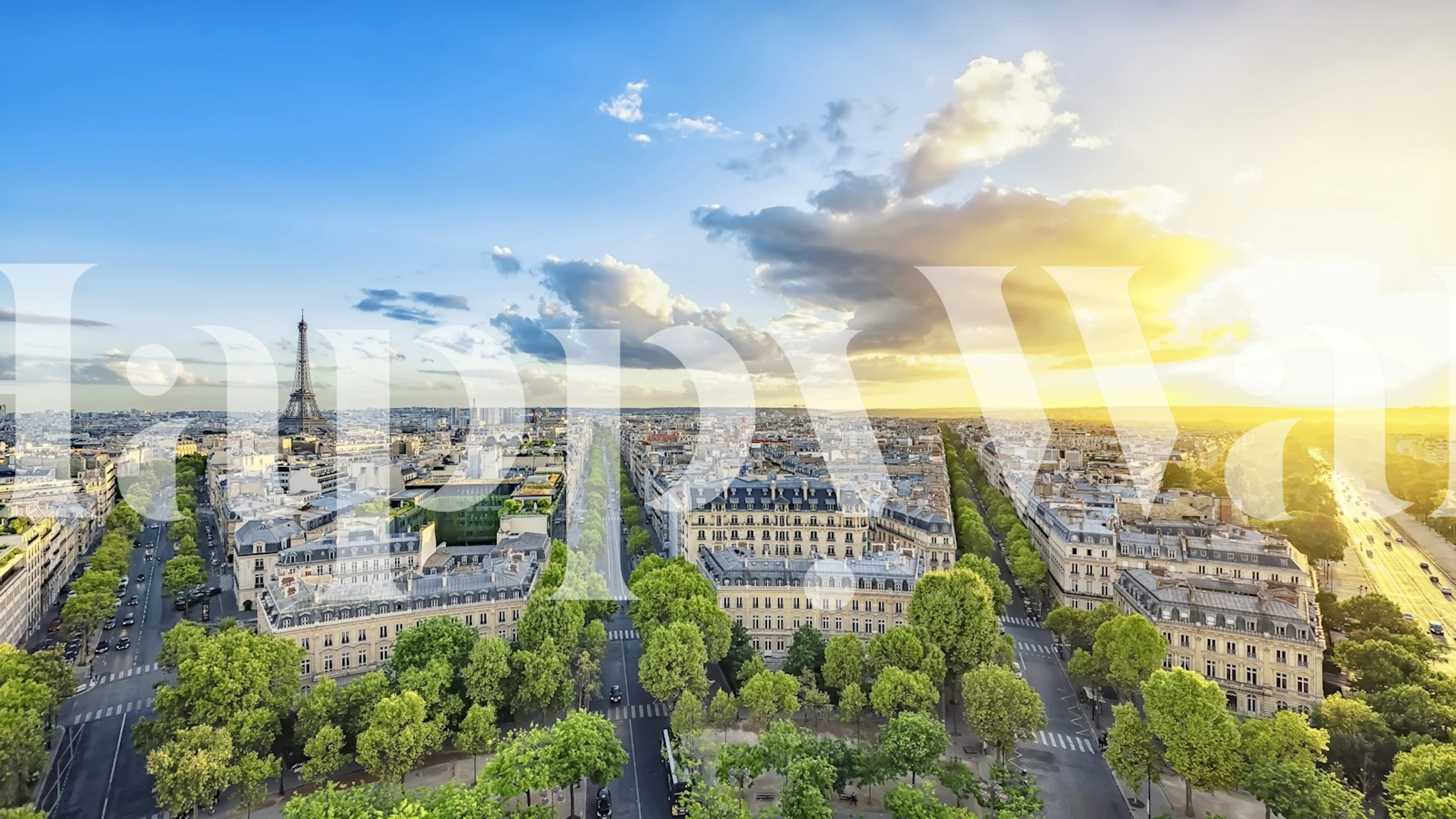 Evening In Paris wall mural with a sunset view of the Eiffel Tower and Paris skyline