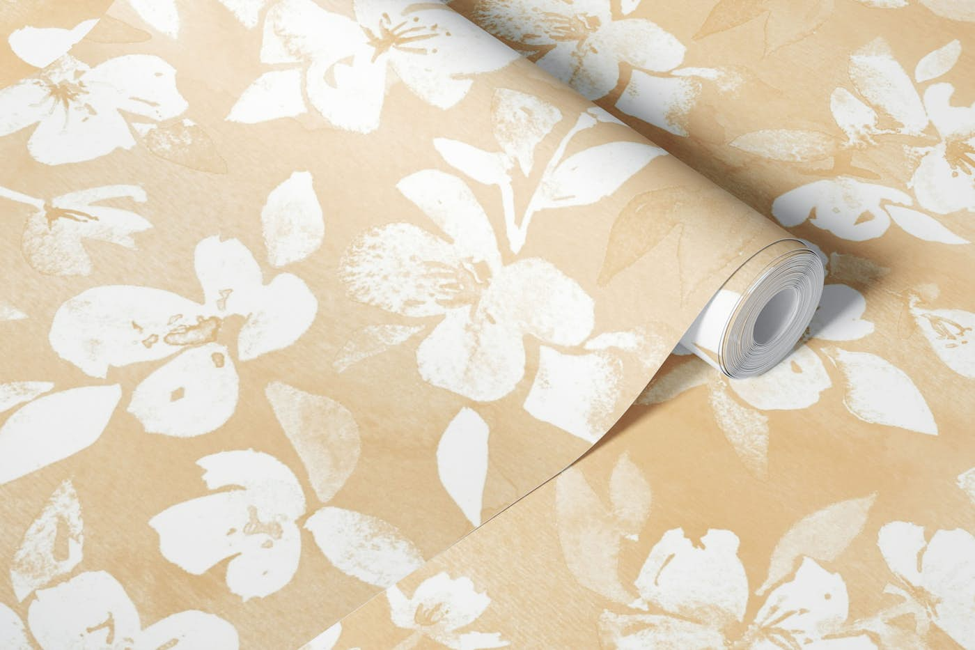 White Blossoms on Neutral Tan Watercolor wallpaper roll