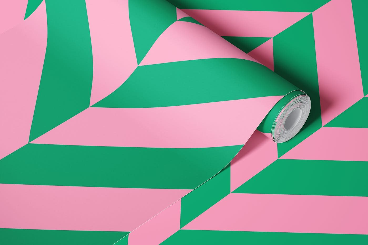 Bold Chevron Diagonal Stripes Pink and Green wallpaper roll