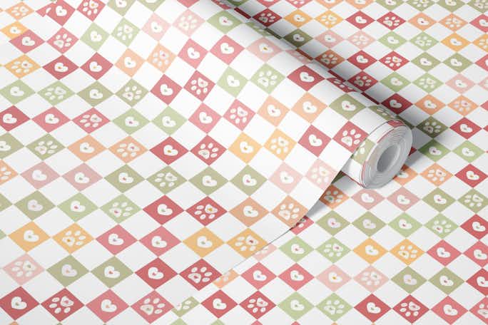 Plaid pattern cute doodle paw printswallpaper roll