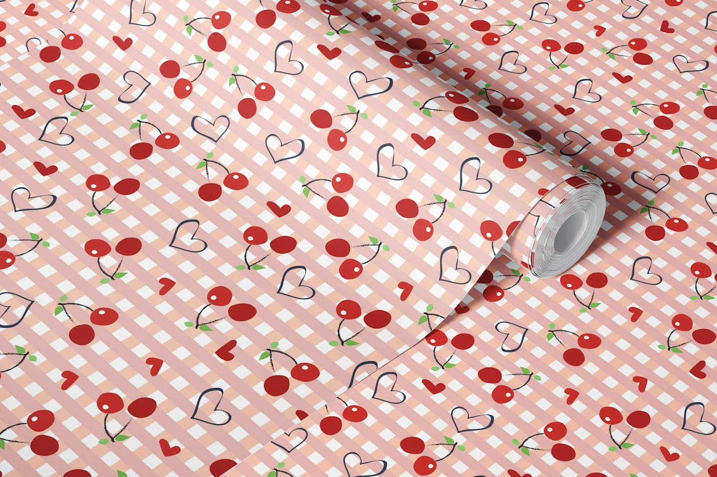 Cherries with plaid gingham print hearts wallpaper roll