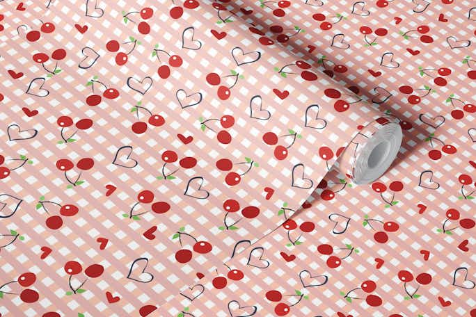 Cherries with plaid gingham print heartswallpaper roll