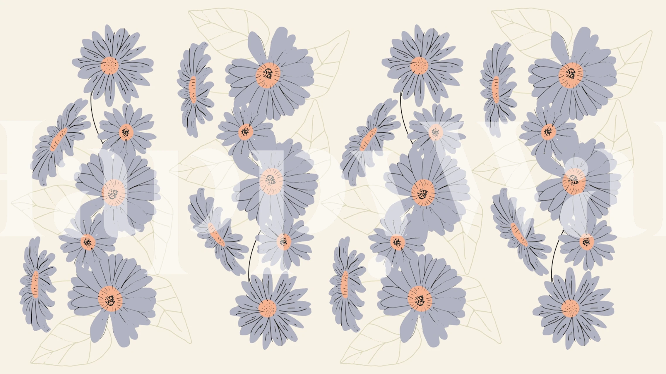 Daisy flower pattern in soft blue and peach tones on cream wallpaper