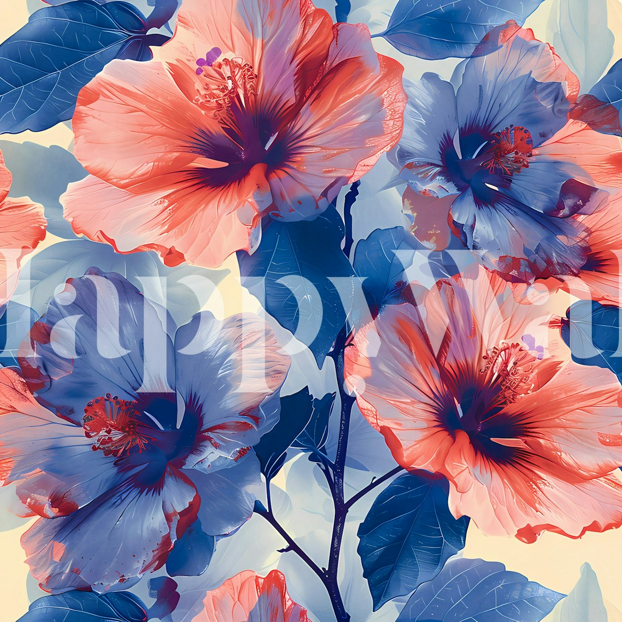 Large hibiscus flowers in pink and blue on beige wallpaper
