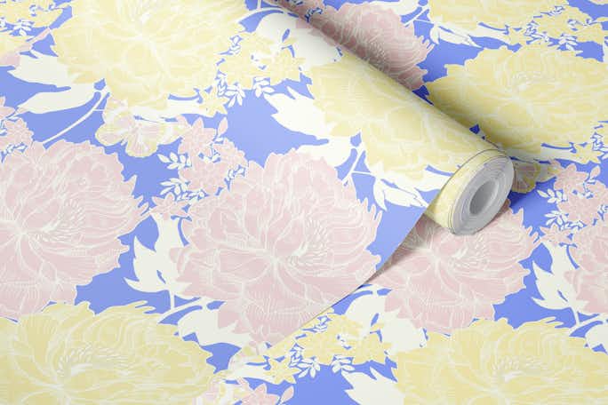lush yellow and rose flowers on lilacwallpaper roll