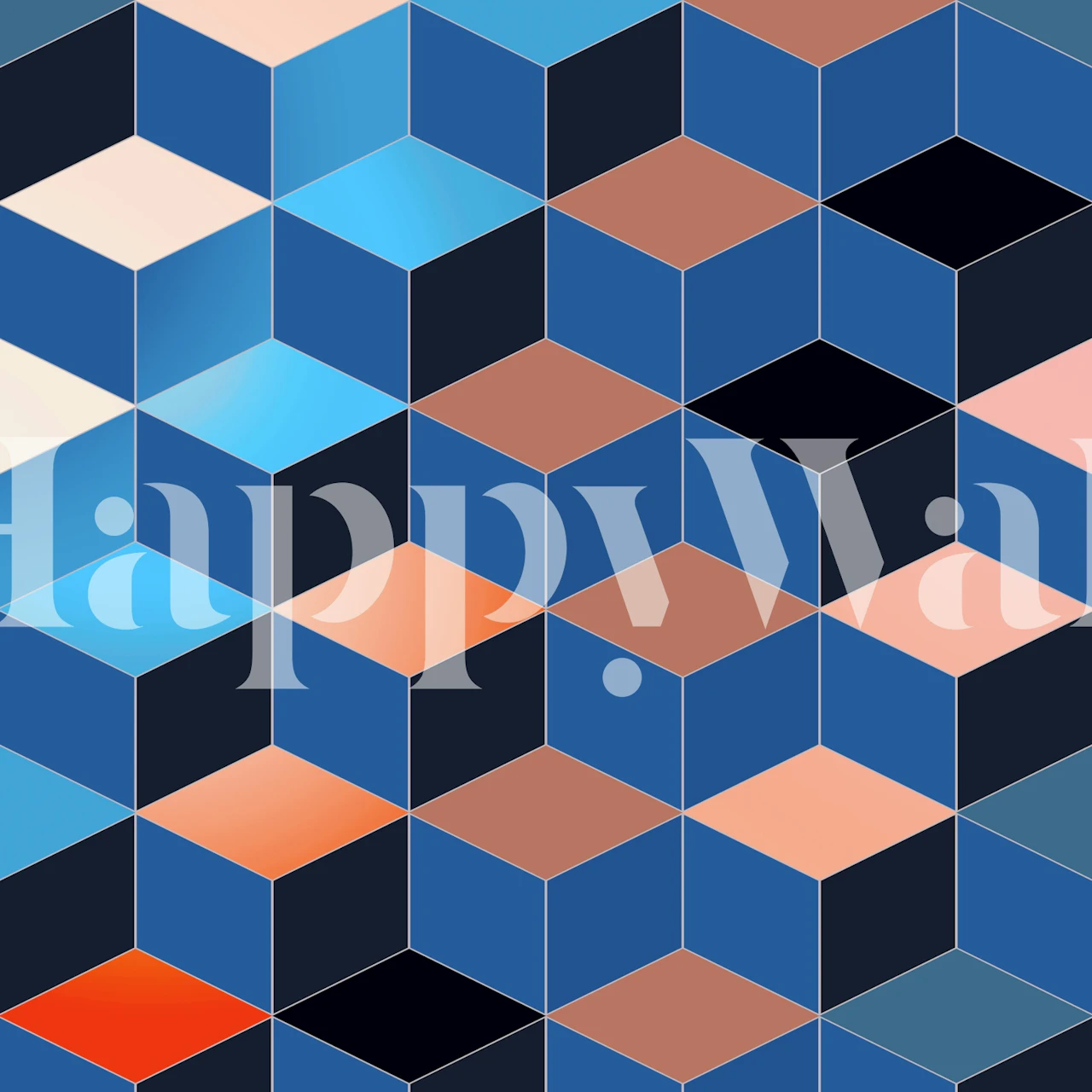 Geometric cube pattern in blue, black, peach, and orange wallpaper