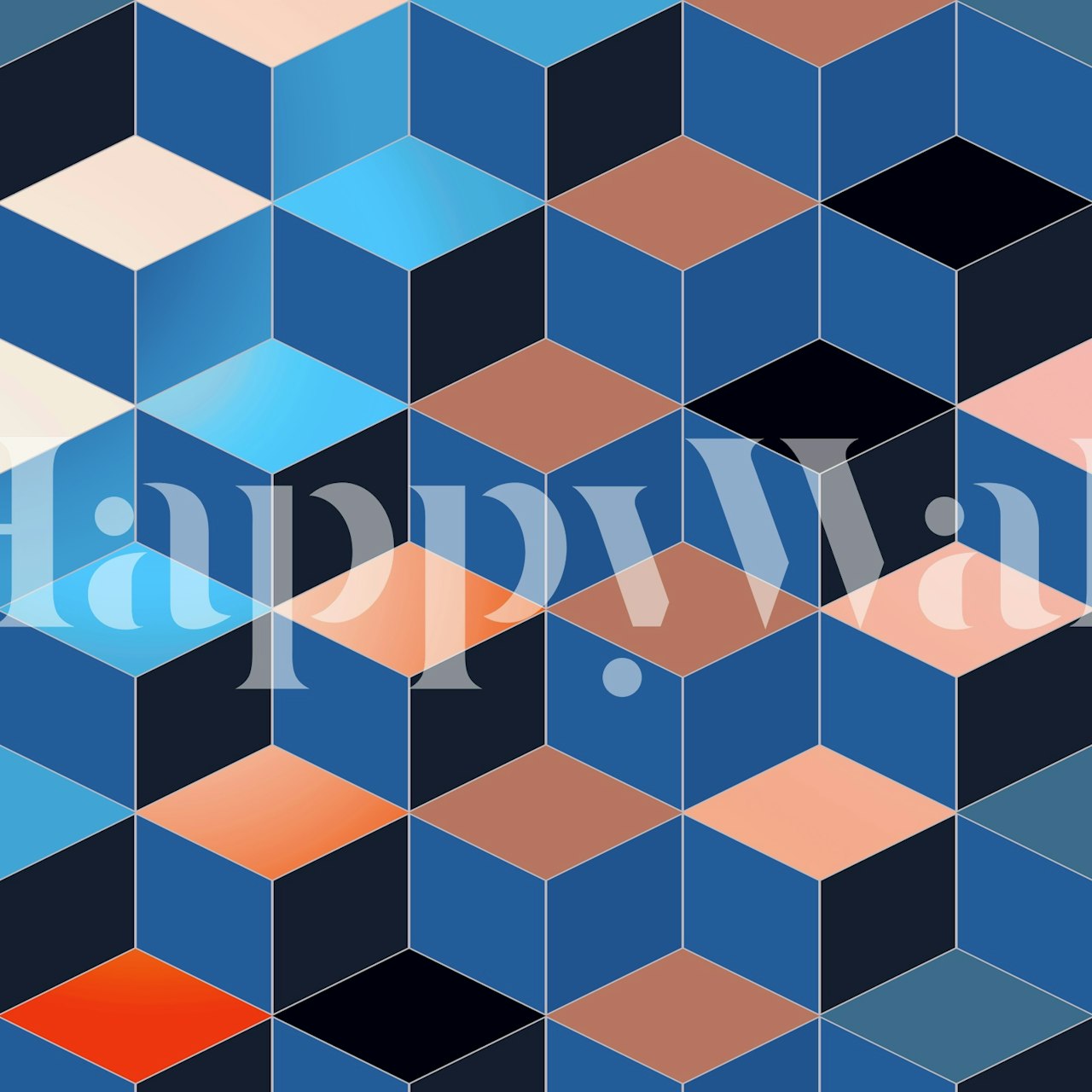 Geometric cube pattern in blue, black, peach, and orange wallpaper