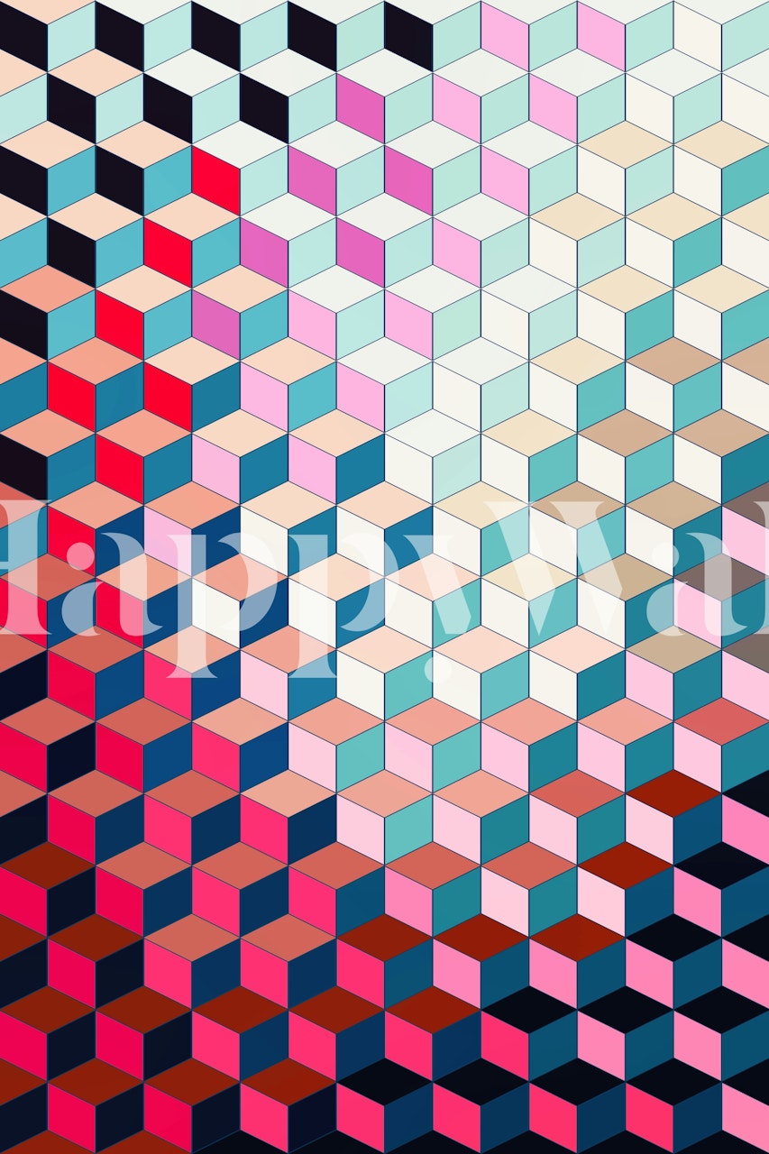 Colorful interlocking hexagonal patterns in shades of pink, blue, and black wallpaper