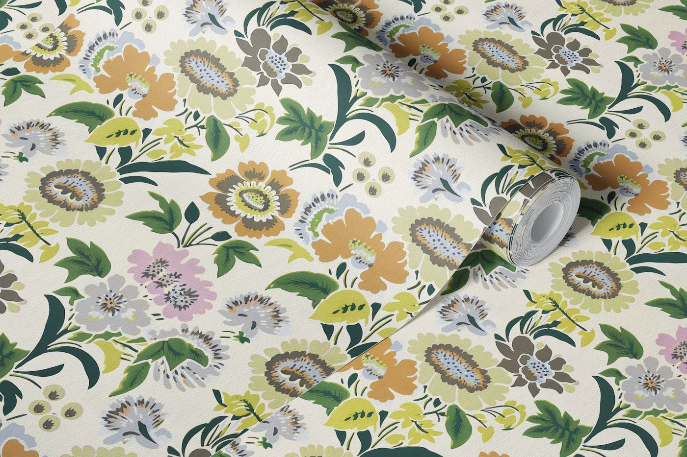 Retro Blockprint Summer Flowers Cream wallpaper roll