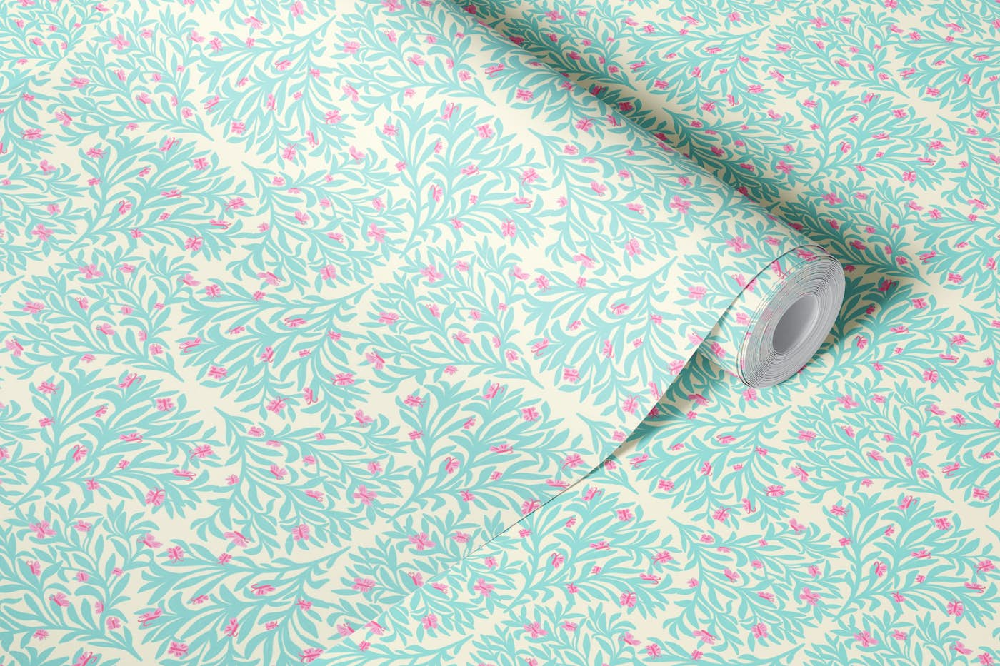 Baby blue Art deco Foliage with butterflies wallpaper roll