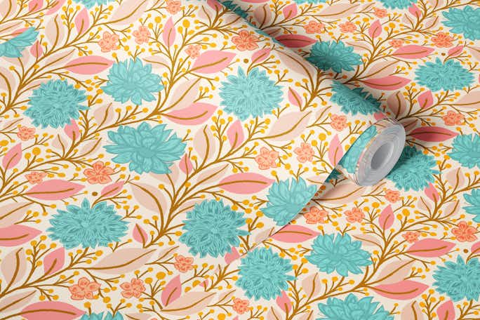 soft blue and pink floral trailingwallpaper roll