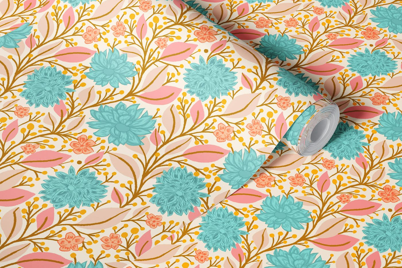 soft blue and pink floral trailing wallpaper roll