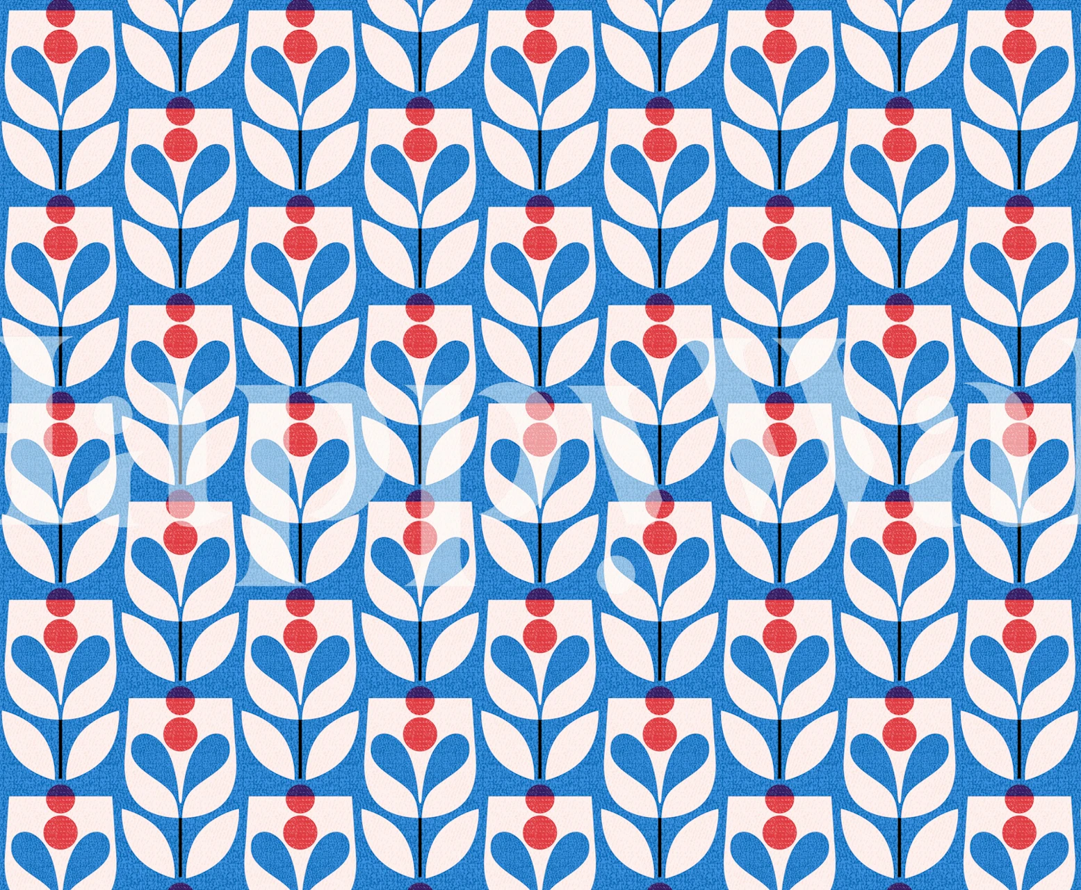 Blue floral pattern with red accents on white background wallpaper