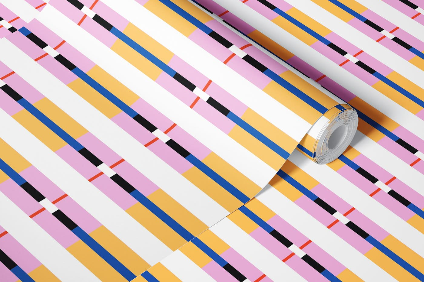 Joyful horizontal stripes pink blue yellow wallpaper roll