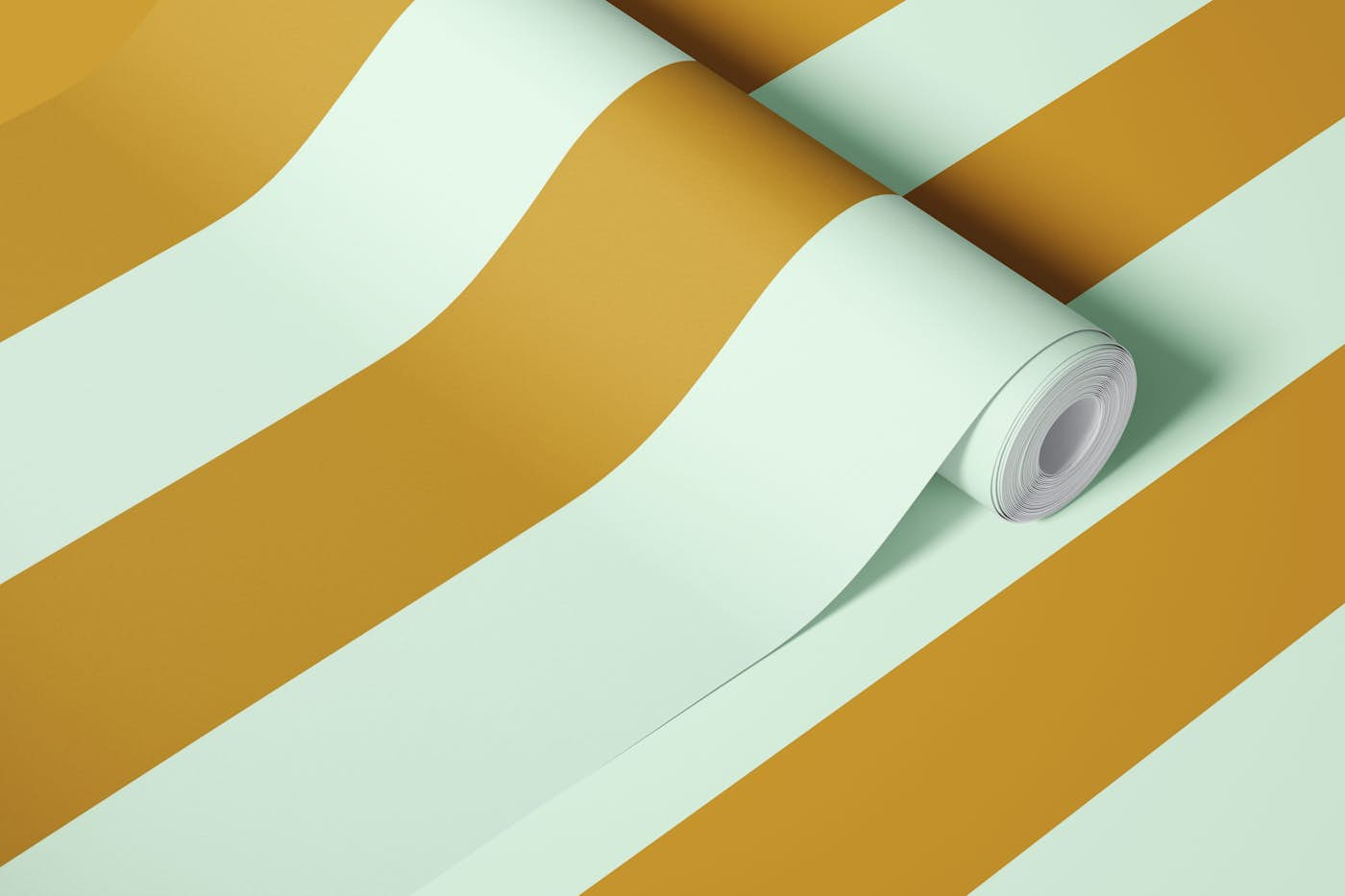 Bold vertical stripes mint gold wallpaper roll