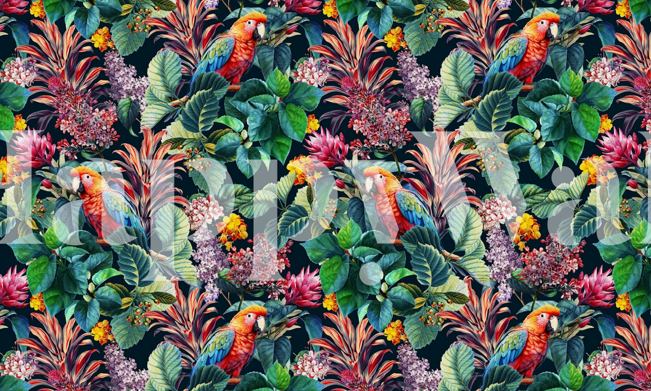 Colorful parrots among tropical leaves and flowers wallpaper