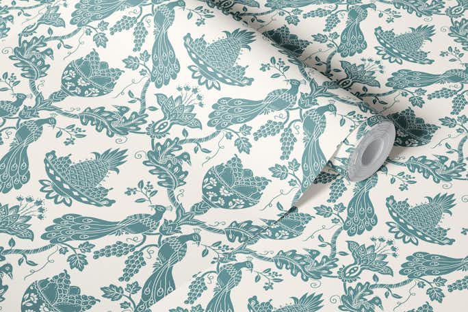Peacock damask with fruit bowlswallpaper roll