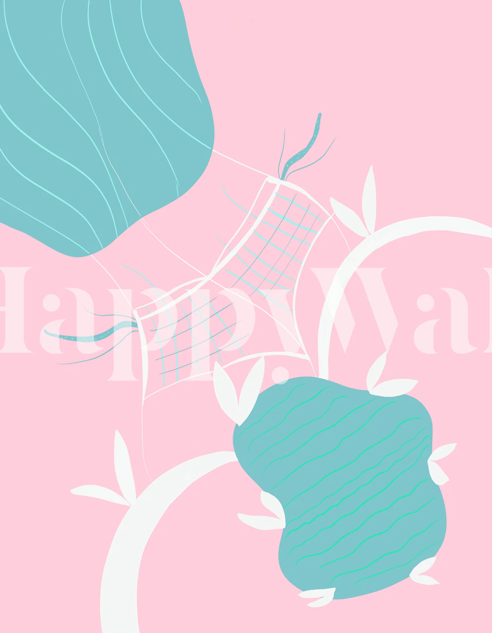 Pink tropical poolside wallpaper featuring blue patterns