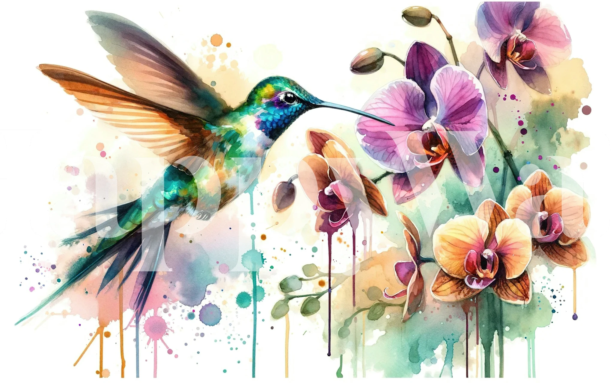 Hummingbird and orchid wallpaper in a room