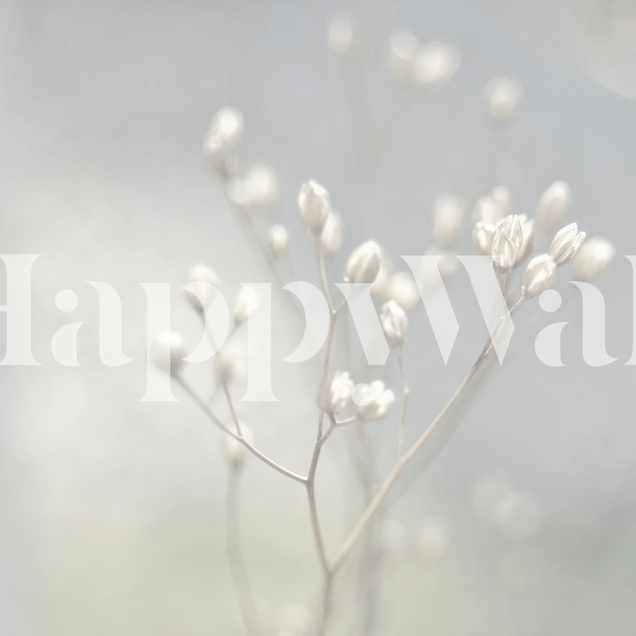 Subtle pale botanical wall mural with soft white plant silhouettes