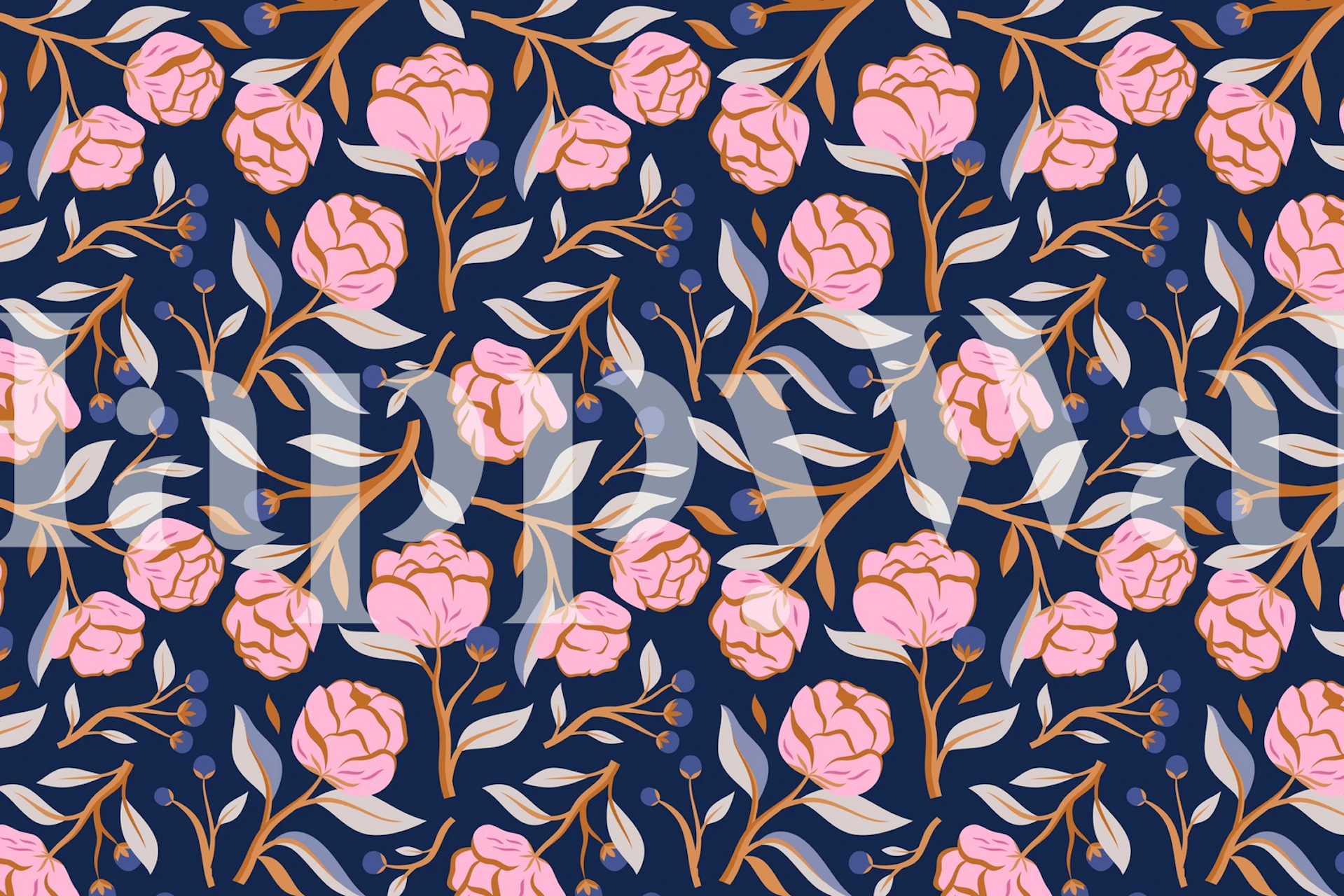 Peony Pop Blue wall mural with pink peony flowers on navy background
