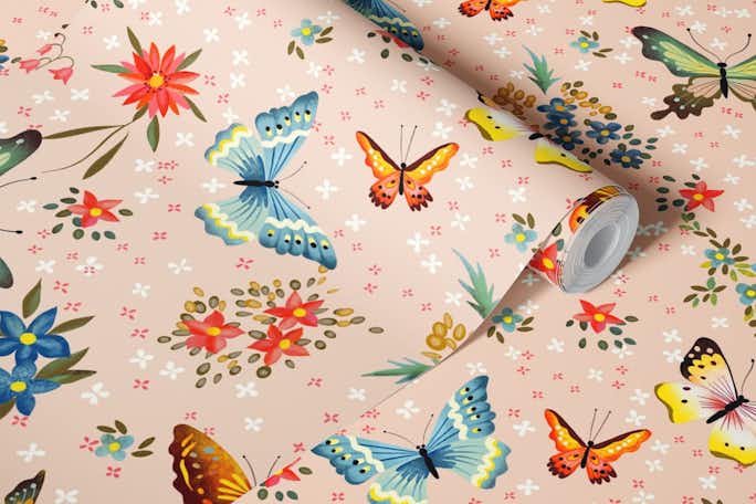 vintage flower and butterfly gardenwallpaper roll