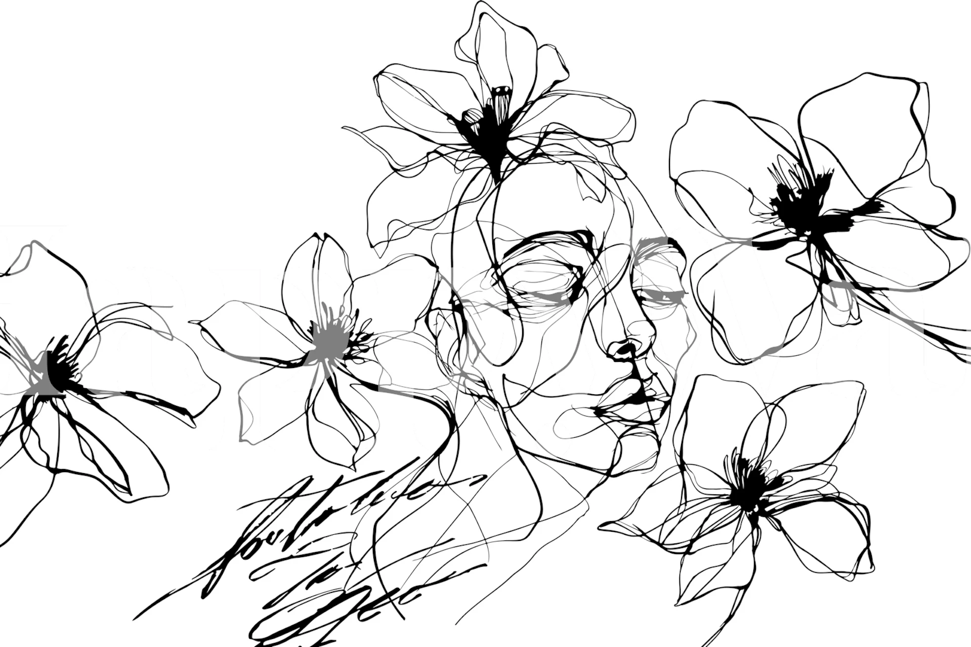 Wild Flowers Female Line Art tapet i et rom