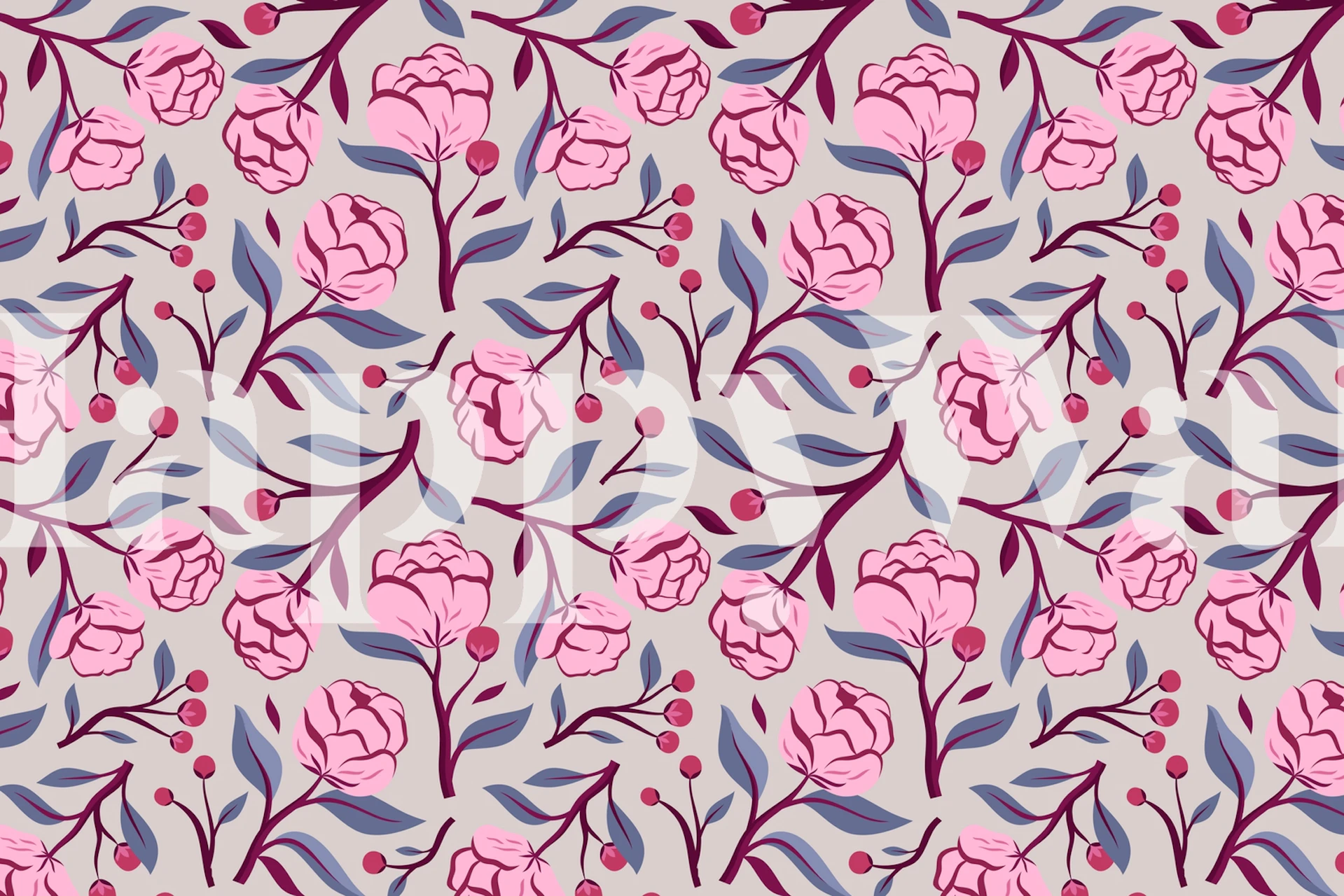 Pink peony flowers and branches on grey background wallpaper